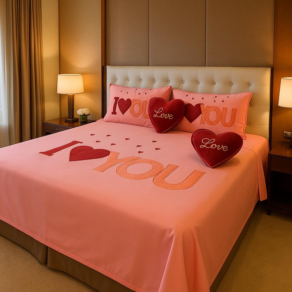 Premium “I LOVE YOU” Double Bedding Set | Queen Size | Glace Cotton | Patch Work | Quilted Pillow Covers + Heart Cushions (1+2+2) | HB LIVING