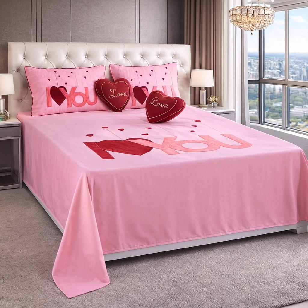 Premium “I LOVE YOU” Double Bedding Set | Queen Size | Glace Cotton | Patch Work | Quilted Pillow Covers + Heart Cushions (1+2+2) | HB LIVING