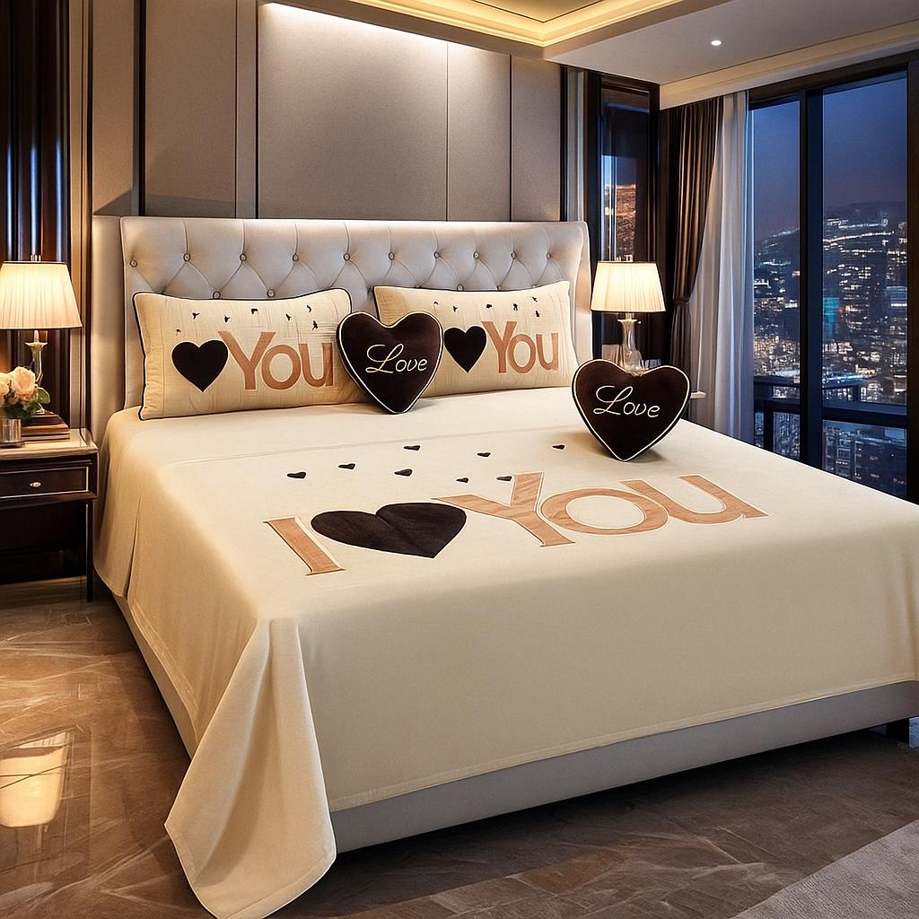 Premium “I LOVE YOU” Double Bedding Set | Queen Size | Glace Cotton | Patch Work | Quilted Pillow Covers + Heart Cushions (1+2+2) | HB LIVING